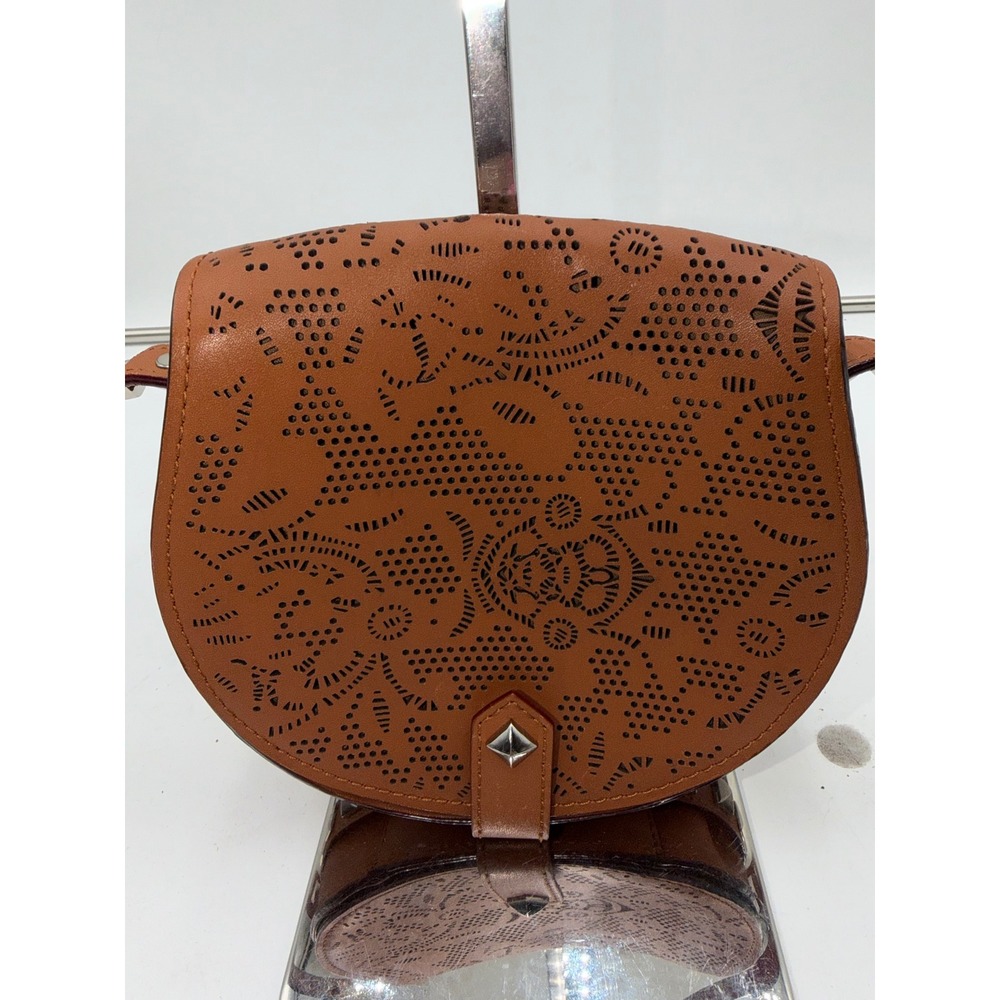 Rebecca Minkoff Laser Cut Leather Saddle Bag Cognac Studded Crossbody w/ dustbag